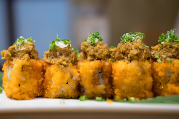 Traditional Japanese sushi roll with shrimp eggs