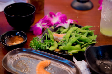 Dirty table dinner with food scraps after eating