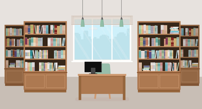 Modern library empty interior with bookcases, table, chair and computers. Vector illustration.

