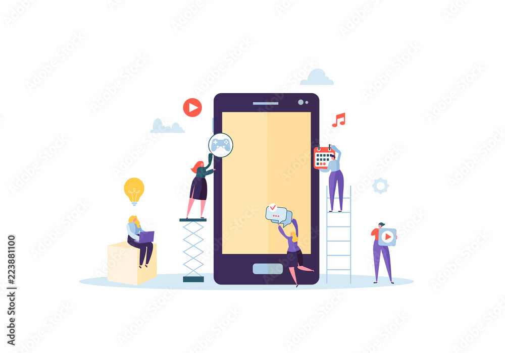 Wall mural flat people characters building mobile application with icons on the screen of smartphone. wireframe