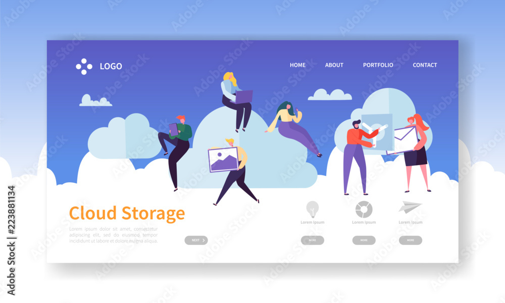 Poster cloud storage technology landing page template. data center hosting website layout with flat people 