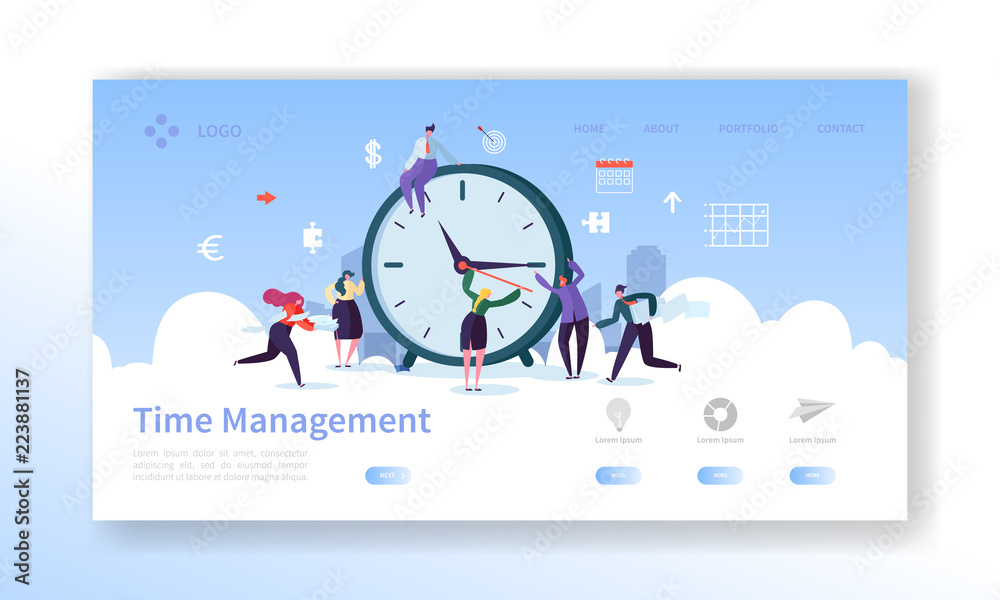 Poster time management landing page template. planning and strategy website layout with flat people charact