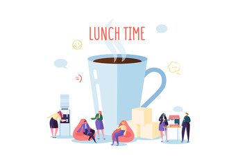 Office Lunch Time. Business People Characters on Coffee Break. Employees Talking, Resting and Drinking Hot Drinks. Vector illustration