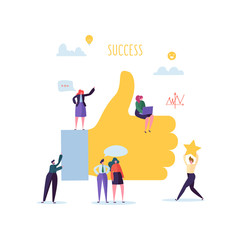 Fototapeta premium Big Hand with Thumb Up and Working Flat People Characters. Team Work Business Success Concept. Vector illustration