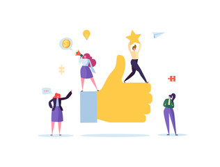 Big Hand with Thumb Up and Working Flat People Characters. Team Work Business Success Concept. Vector illustration