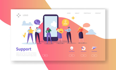 Online Technical Support Landing Page Template. Assistance Service Website Layout with Flat People Characters Hotline Operator. Easy to Edit and Customize Mobile Web Site. Vector illustration