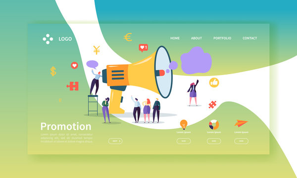 Advertising and Promotion Landing Page Template. Promo Marketing Website Layout with Flat People Characters and Megaphone. Easy to Edit and Customize Mobile Web Site. Vector illustration