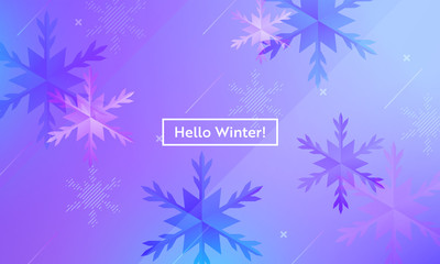 Fototapeta na wymiar Hello Winter Layout with Snowflakes for Web, Landing Page, Banner, Poster, Website Template. Snow Christmas Seasonal Background for Mobile App, Social Media. Vector illustration