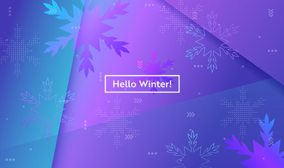 Hello Winter Layout with Snowflakes for Web, Landing Page, Banner, Poster, Website Template. Snow Christmas Seasonal Background for Mobile App, Social Media. Vector illustration