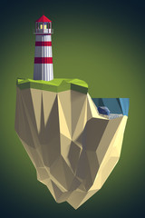 low poly lighthouse design in island logo green blurred blue background