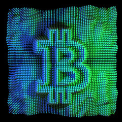 Abstract colorful bitcoin 3d render, green, blue