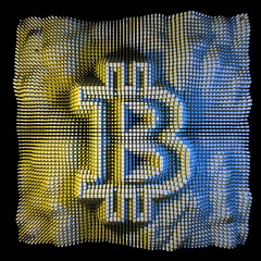 Abstract colorful bitcoin 3d render, yellow, blue