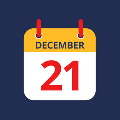 Flat icon calendar 21st of December isolated on blue background. Vector illustration.