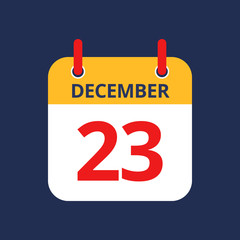 Flat icon calendar 23rd of December isolated on blue background. Vector illustration.