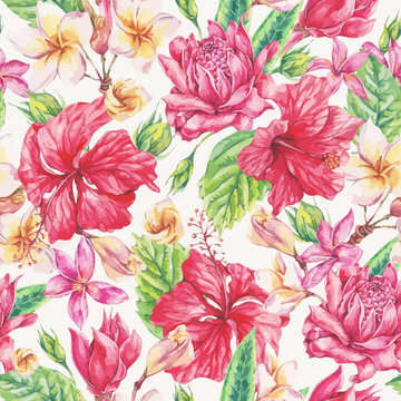 Vector vintage bright tropical flowers seamless pattern