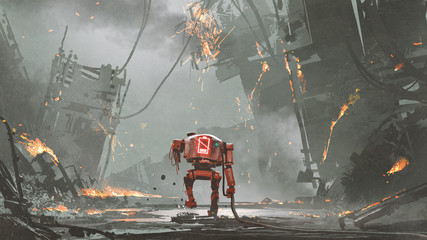 broken robot with low-battery walking in ruined city, digital art style, illustration painting © grandfailure