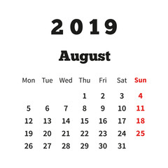 Simple calendar on august 2019 year with week starting from monday isolated on white