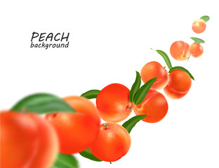 Flying peach. Realistic 3D Vector peaches background.