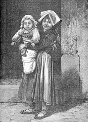 Little girl of poor family holding in her arms her small sister on the street, vintage engraving