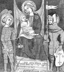Medieval painting of Virgin Mary with Jesus child, flanked by the maid of Orleans and the archangel Michael, vintage engraving