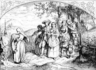 festive baptism country procession to the church, vintage engraving