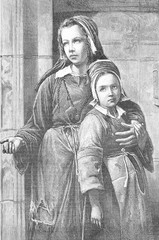 Two orphan girls with sad eyes beg for charity, vintage engraving