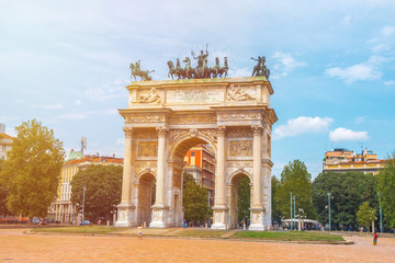 Fototapeta na wymiar Peace Arch or Gate of Sempione in Milan, near the Sempione Park