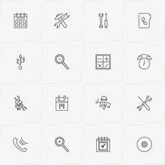 Mobile Interface line icon set with phone, compact disk and calculator symbols