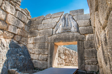Lion's gate, the main entrance of the citadel of Mycenae. Archaeological site of Mycenae in...