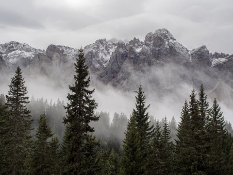 Berge im Nebel mit Wald im Vordergrund, Sexten