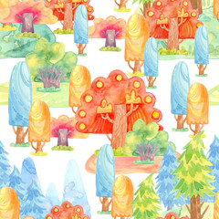 Cartoon watercolor illustration. Cute fairy tale nature. Forest with colorful spruce, autumn trees. Seamless pattern for wallpaper, paper.