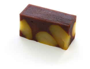 japanese traditional confection, kuri mushi yokan, steamed sweetened adzuki bean paste with chestnuts
