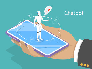 Flat isometric vector concept of chat bot, ai, artificial intelligence, customer support.