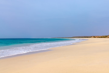 Santa Maria beach, Boa Vista, Cape Verde. The sandy beach is 18km with waves crashing from the Atlantic Ocean