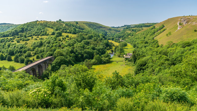 Peak District landscape with the Headstone Viaduct over the River Wye in the East Midlands, Derbyshire, England, UK
