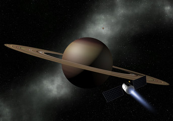 Spacecraft fly to Saturn planet. Space exploration.  3D Illustration.