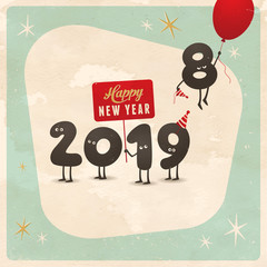 Vintage style funny greeting card - Happy New Year 2019 - Editable, grunge effects can be easily removed for a brand new, clean sign.