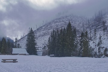 Zima w Tatrach, chata w Dolinie Kościeliskiej, pusta ławka przed chatą z powodu nagłej zmiany pogody w dolinie tatrzańskiej - obrazy, fototapety, plakaty