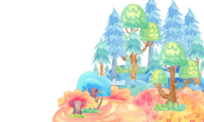 Cartoon watercolor illustration. Cute fairy tale nature. Forest with colorful blue firs, trees. card template
