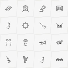 Musical Instruments line icon set with synthesizer, musical gong  and drum