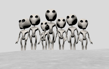 Gruppo di alieni grigi su fondo neutro, 3D rendering