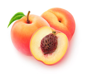 Naklejka na ściany i meble Isolated peaches. Three cut peach fruits isolated on white background with clipping path