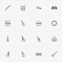 Musical Instruments line icon set with trombone , guitar  and tambourine