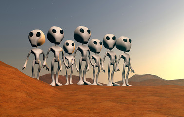Gruppo di alieni grigi su Marte, 3D rendering