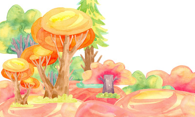 Cartoon-Aquarell-Illustration. Nette Märchennatur. Wald mit bunten gelben Bäumen. Kartenvorlage