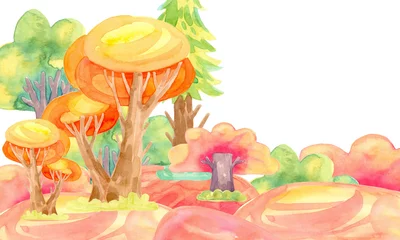 Foto op Plexiglas Babykamer Cartoon aquarel illustratie. Leuke sprookjesachtige natuur. Bos met kleurrijke gele bomen. kaartsjabloon