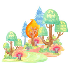 Cartoon watercolor illustration. Cute fairy tale nature. Forest with colorful trees.