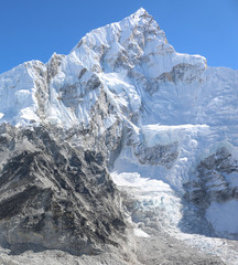 Amazing and wonderful Shot of Nepalese Himalayas mountain peaks covered with white snow attract many climbers, some of them highly experienced 