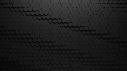 black background of hexagons of different heights, top lighting. Technological backdrop.3d Rendering.