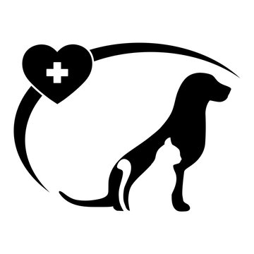 illustration Veterinary Clinic logo with the image of a cat and dog with a heart and a medical cross